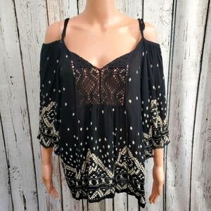 Angie Women's‎ Medium Cold-Shoulder Crochet Rayon Peasant Blouse Top Hippie Boho